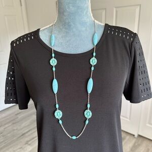 Women NWOT Blue Faux Turquoise Silver Tone Two Sided Long Station Necklace